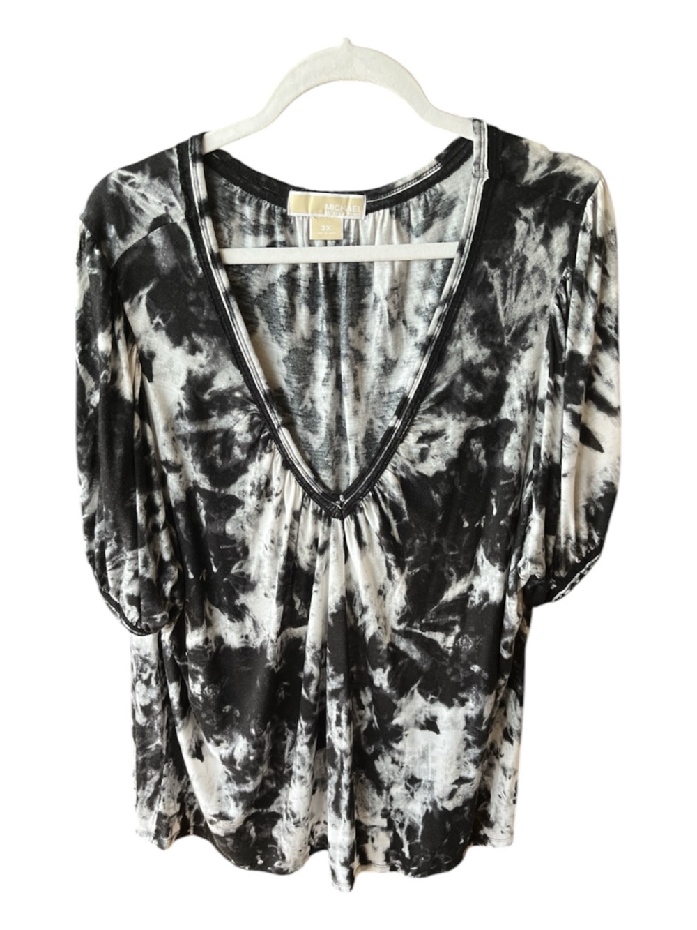 Michael Michael Kors Black White Tie Dye V-Neck Puff Sleeve Top Plus Size 3X